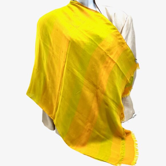HERMES ParisLightGreen Orange Chiffon silk Scarf 70"x2 8  Logo H PrintFringe(34 - Picture 1 of 14